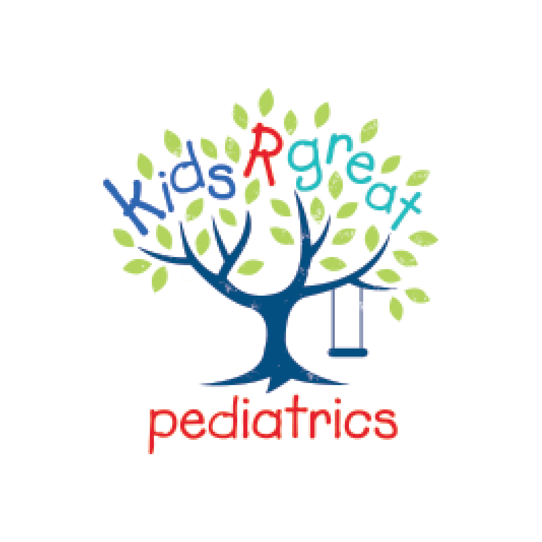 A colorful logo for Kids' Care Pediatrics featuring a blue tree with green leaves, a swing hanging from one branch, and the words 'kids' and 'Care' integrated into the branches, with 'pediatrics' written below in red.