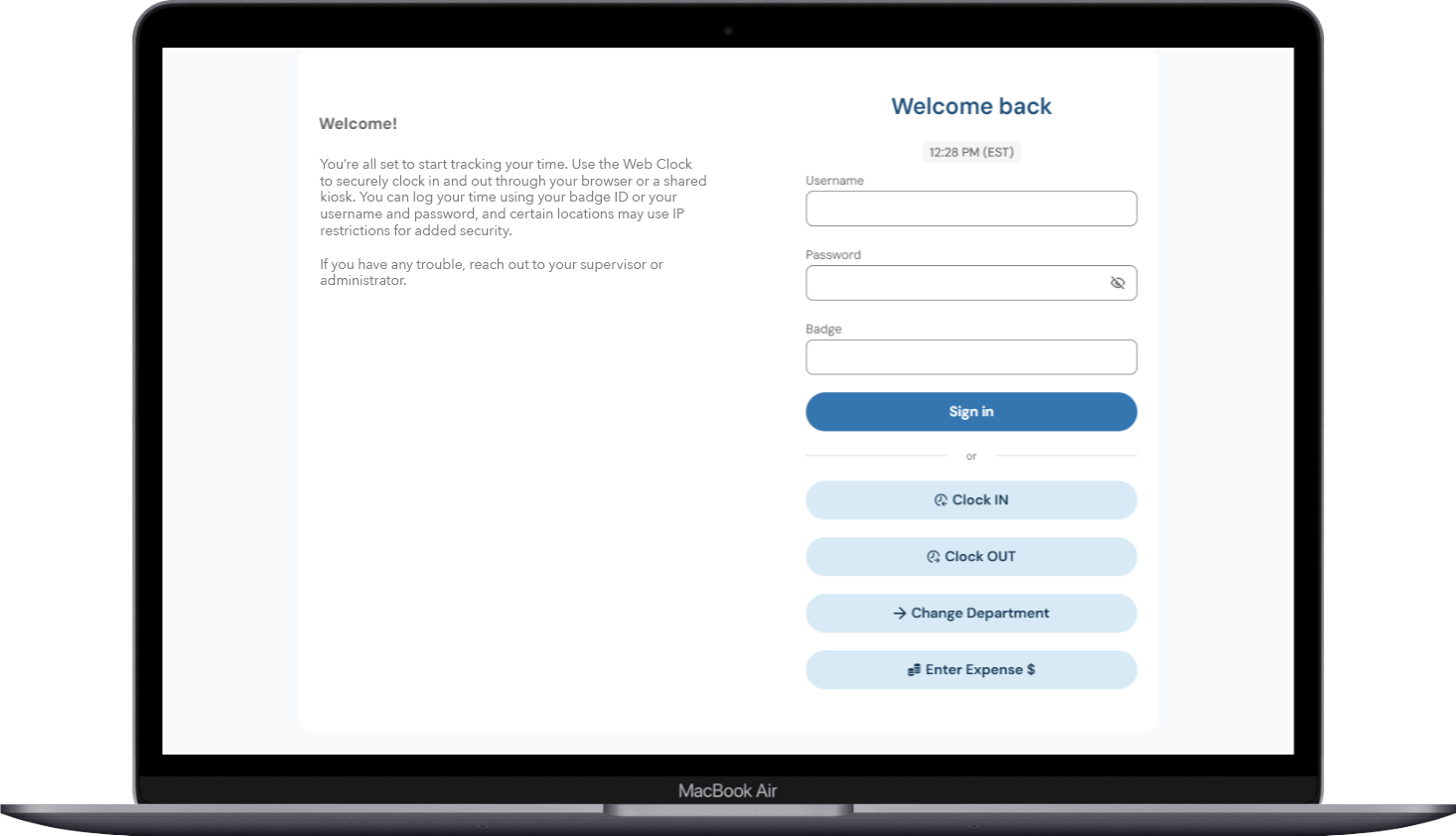 Screenshot of an employee time tracking login page on a MacBook Air with options for signing in, clocking in and out, changing department, and entering expenses.