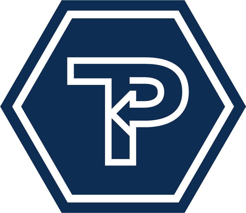 Logo with a navy blue hexagon outline and a stylized white letter 'P' inside.