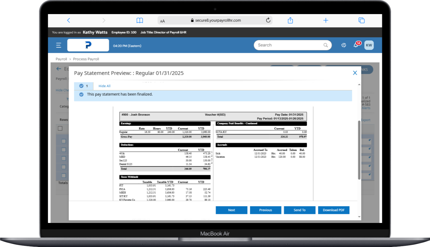 Screenshot of an online payroll system showing a pay statement preview for employee Josh Bronson for January 31, 2025. The screen includes options for navigation and PDF download at the bottom.