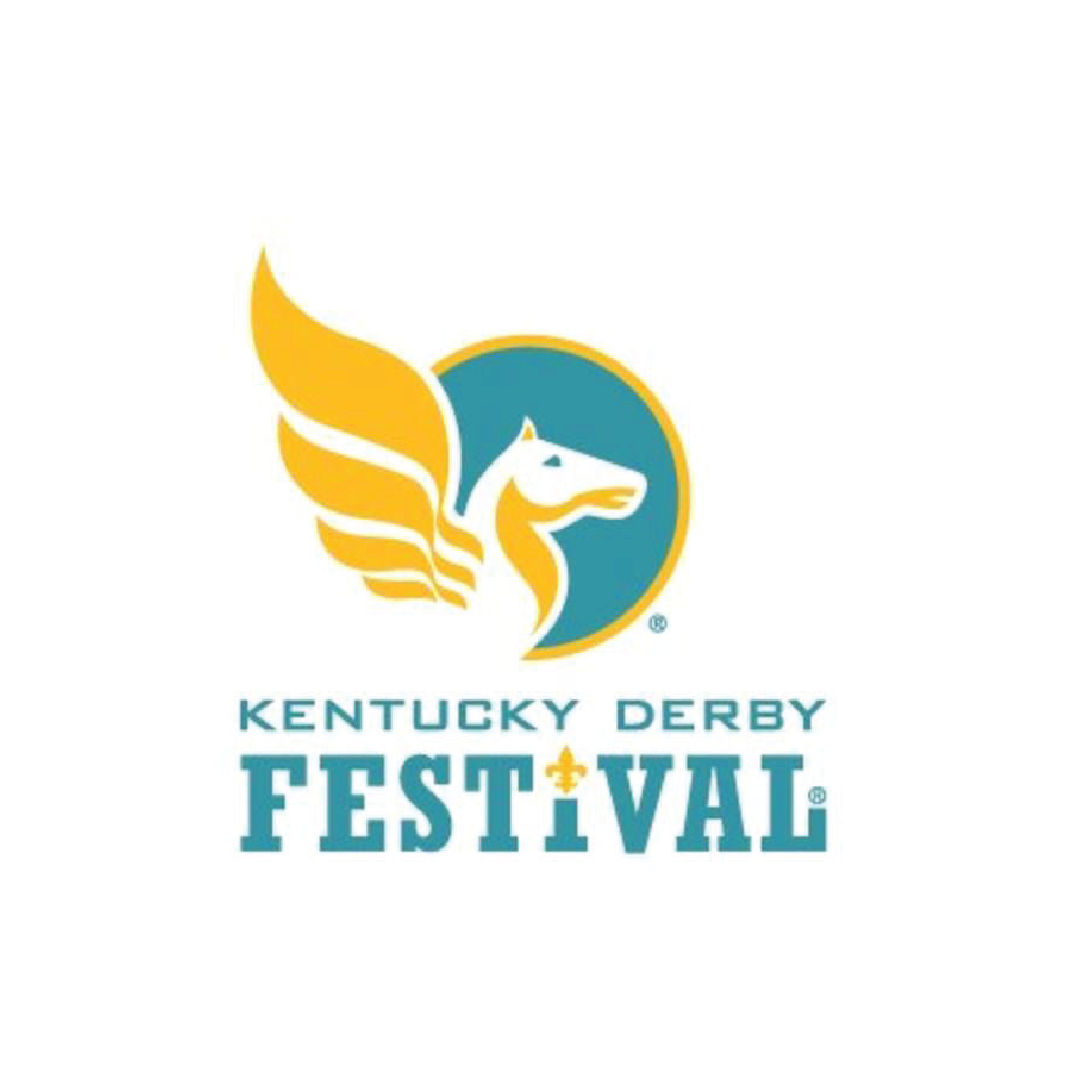 Logo for Kentucky Derby Festival featuring a stylized horse head with a wing in yellow and a blue circle background, with the text 'Kentucky Derby Festival' below.