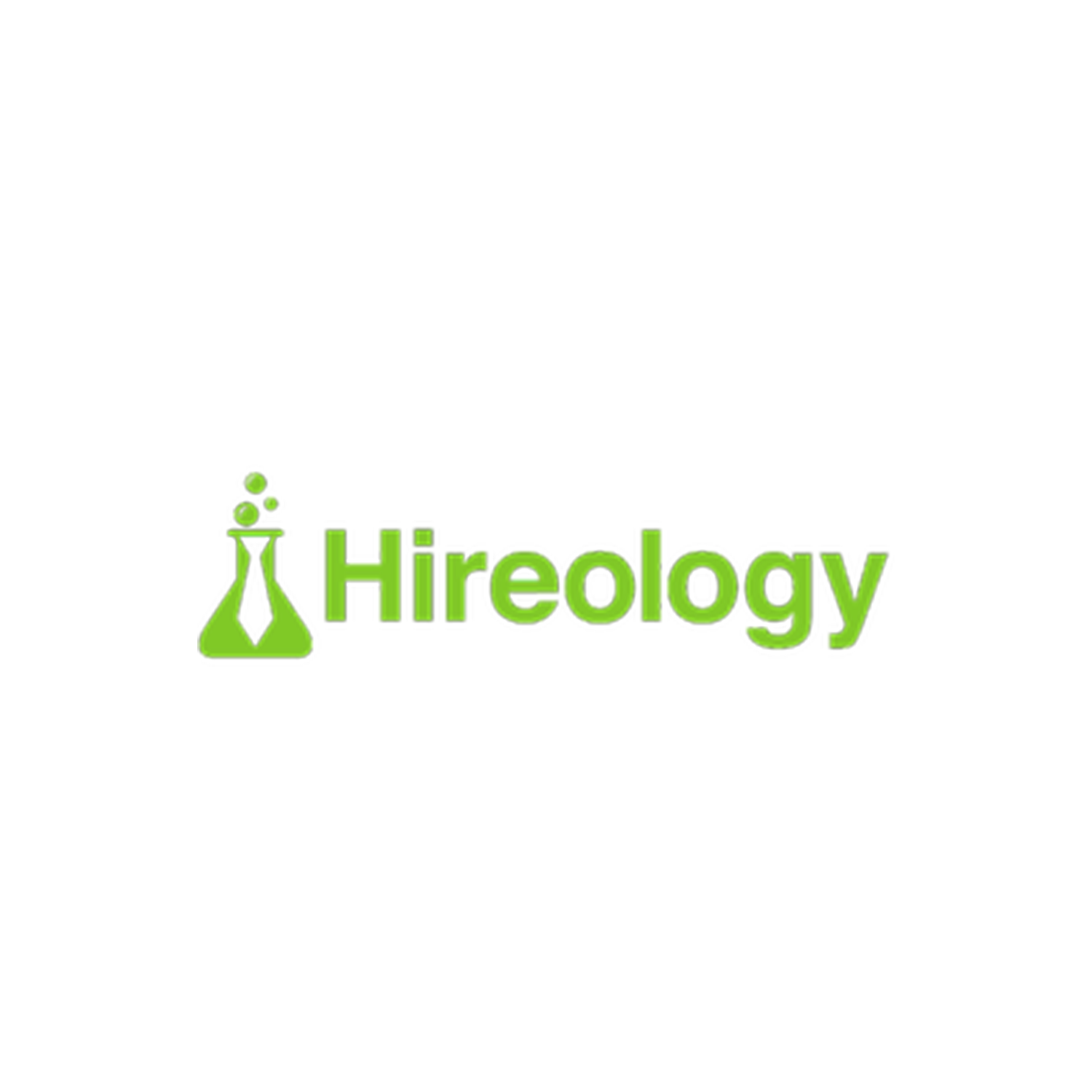 Logo for Hireology featuring a green laboratory flask with bubbles and a tie, and the word 'Hireology' in green text.