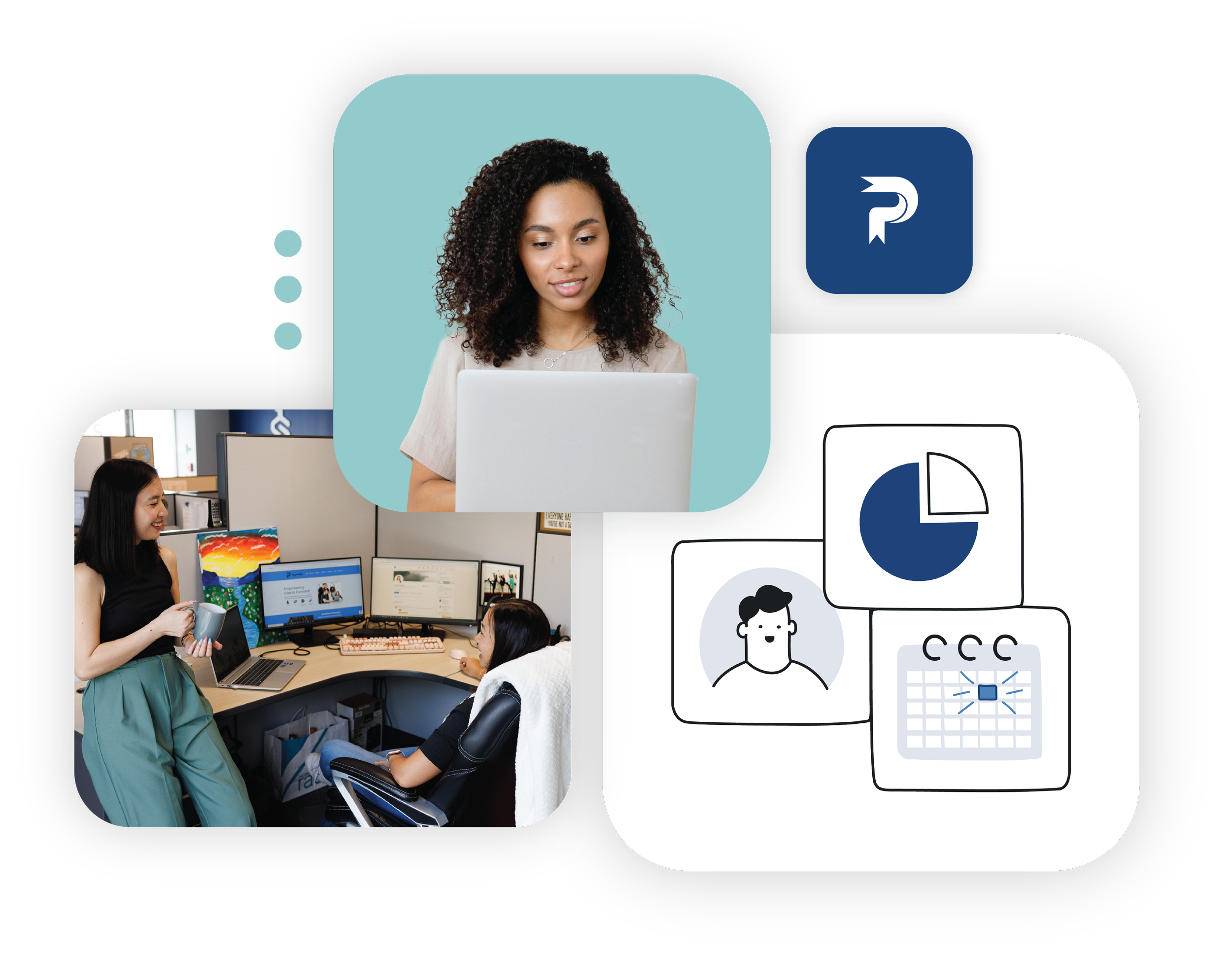 Collage of women working and communicating remotely, with elements like a woman using a laptop, a team in a video conference, charts, and a calendar, symbolizing remote work and collaboration.