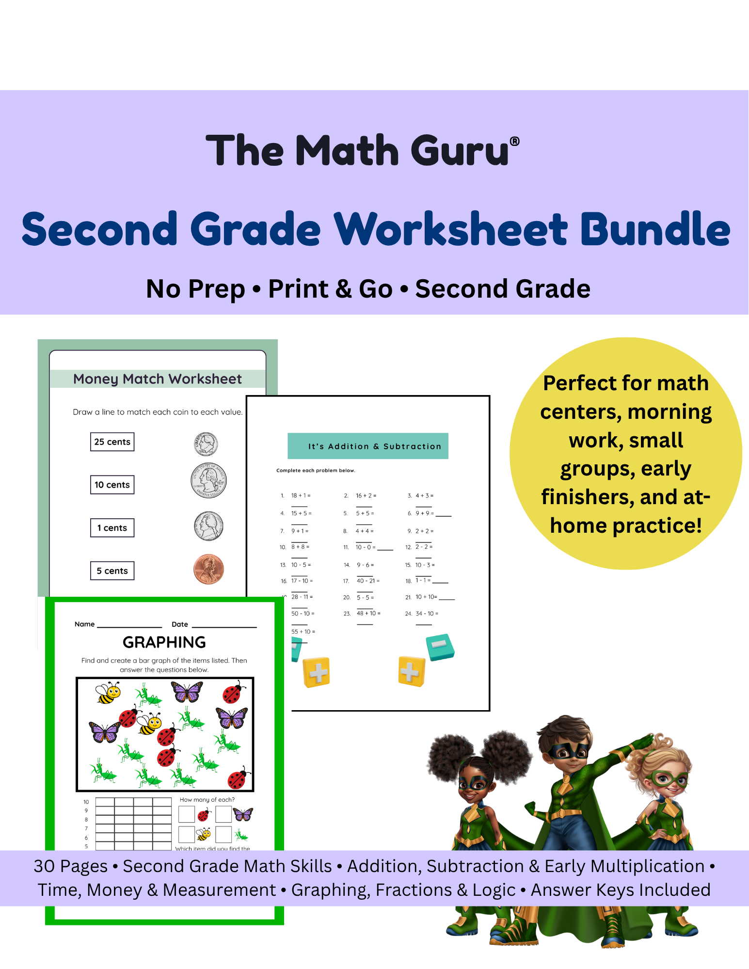 Second Grade Worksheet Bundle – 30 Pages of Essential Math Practice!