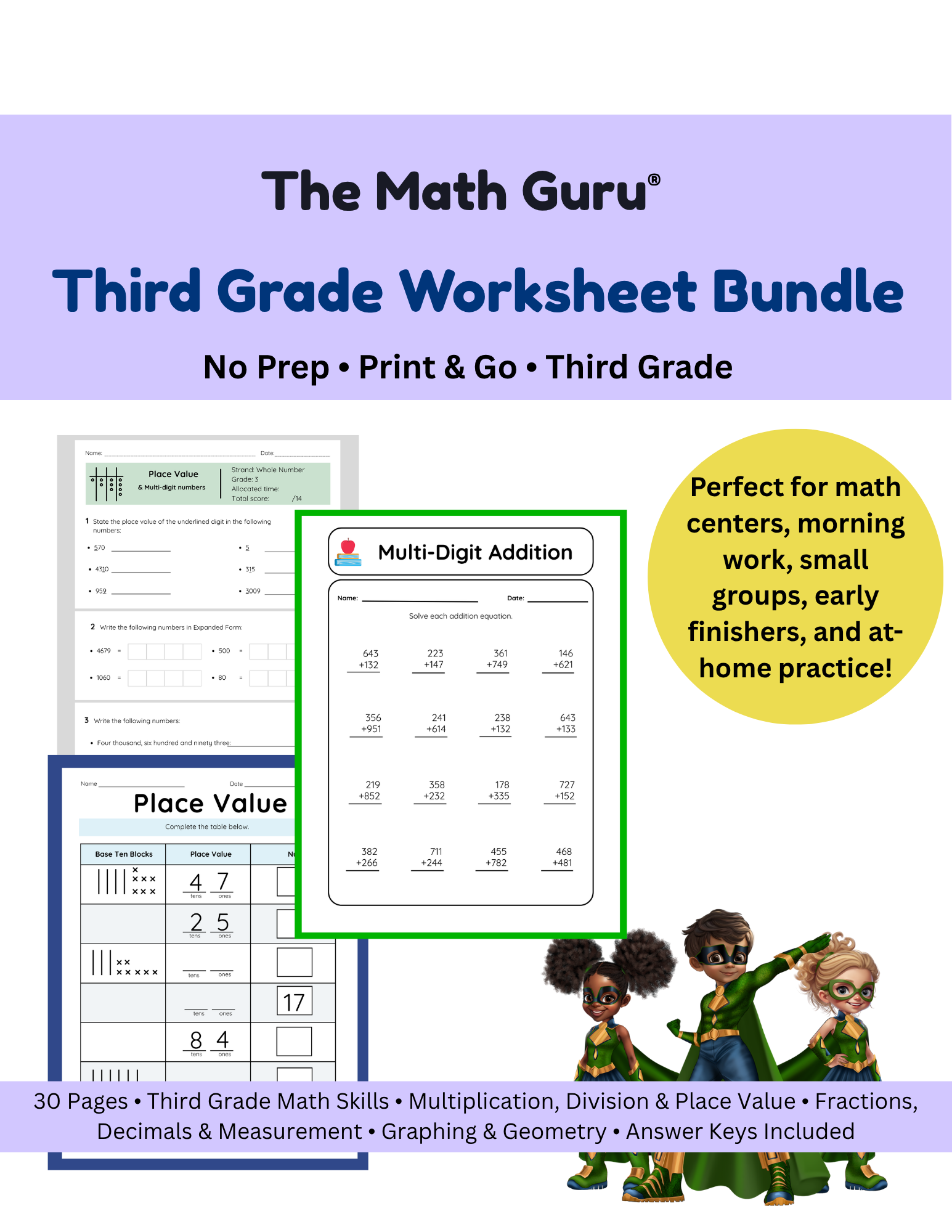 Third Grade Worksheet Bundle – 30 Pages of Engaging Math Practice!