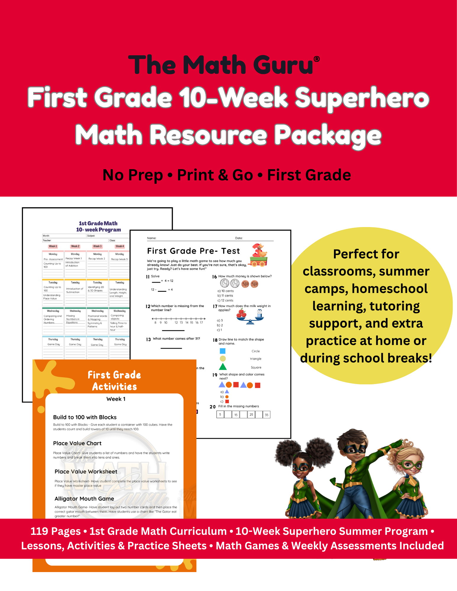 First Grade Superhero 10-Week Super Math Resource Package