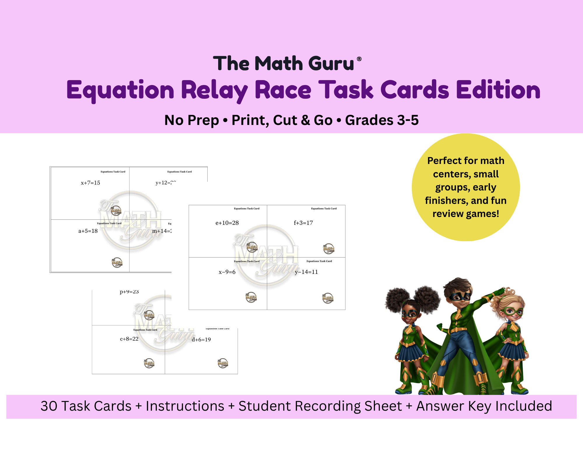📝 Equations Relay Task Cards – Printable Math Activity for 3rd, 4th, 5th Grade | Solving & Writing Equations | Common Core Aligned