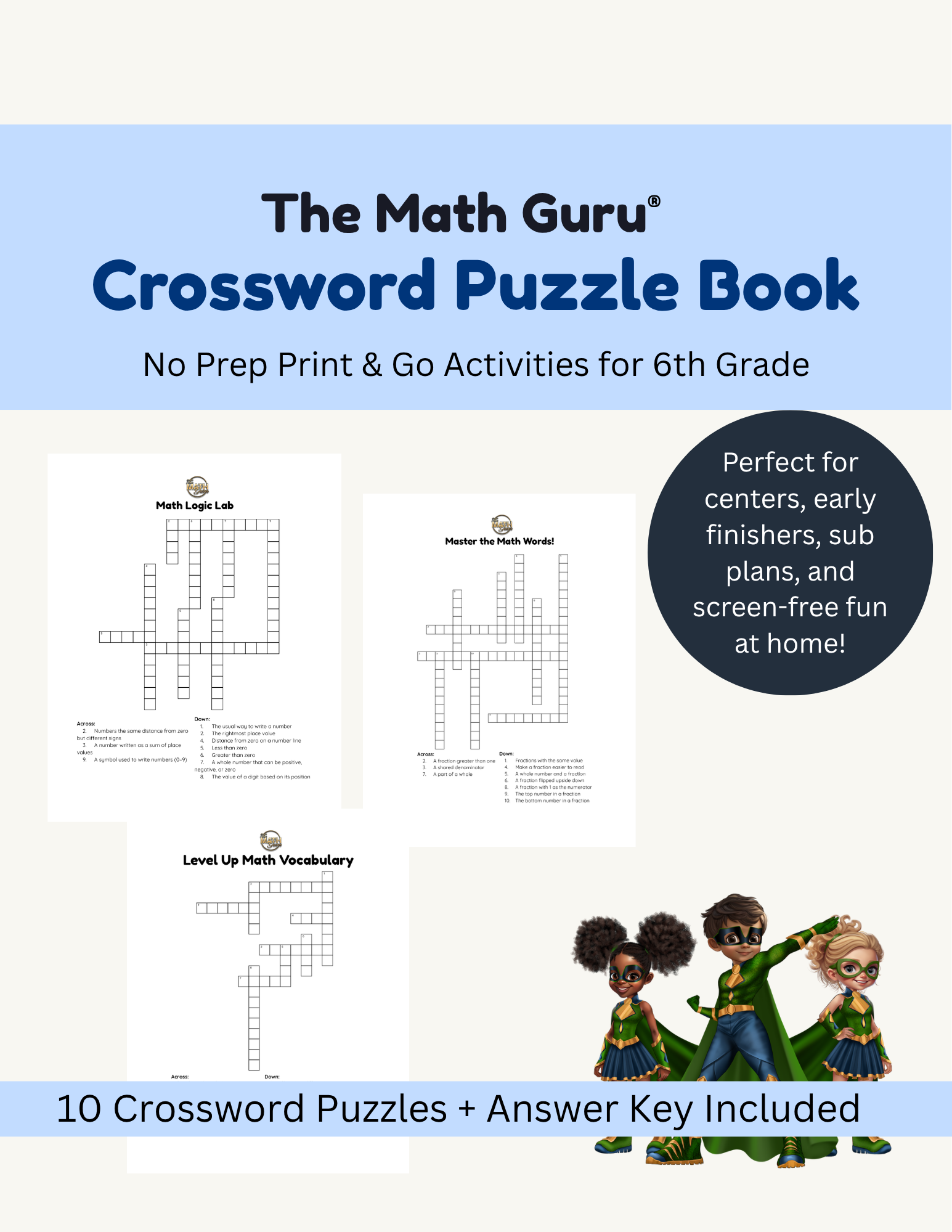 ⭐ Grade 6 Crossword Puzzle Packet | Vocabulary & Critical-Thinking Practice for Upper Elementary | Printable ⭐