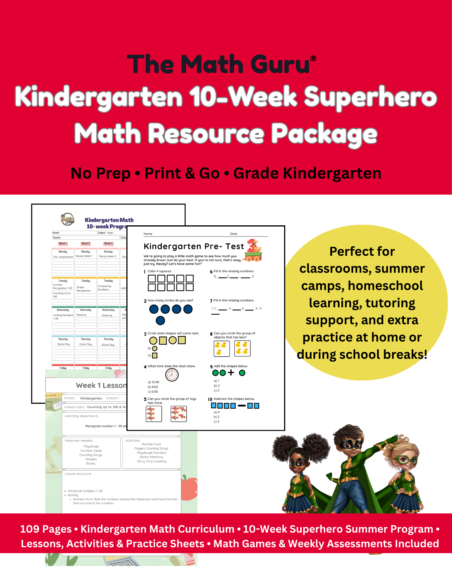 Fun Math Package Printable Kindergarten 10-Week Superhero Math Resource Package — The Math Guru ...