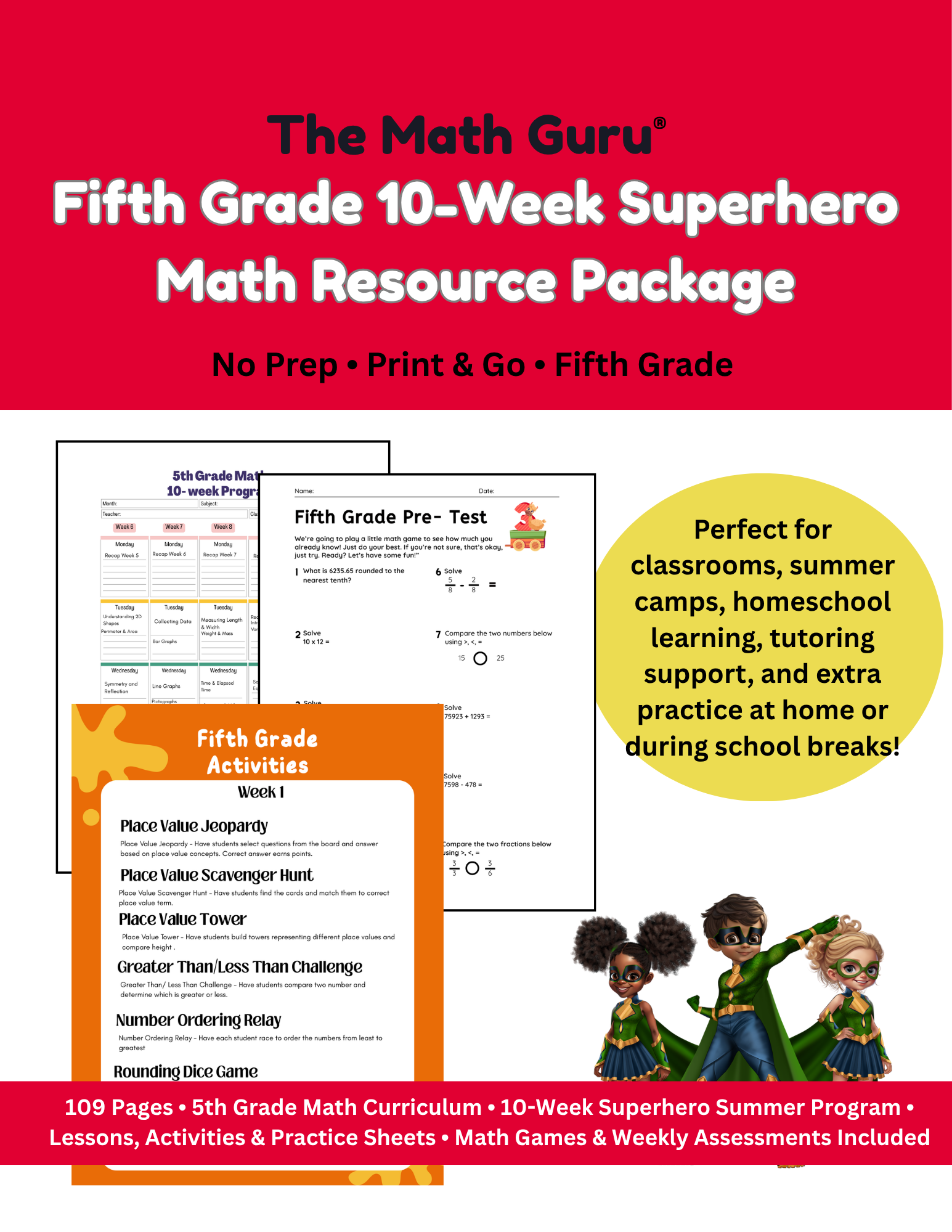 Fifth Grade 10 - Week Superhero Math Resource Package