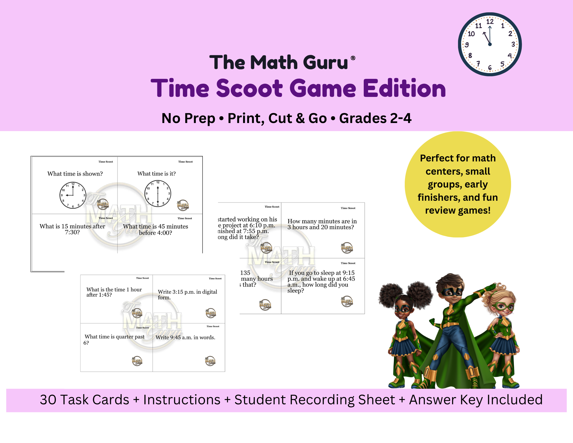 📝 Time Scoot Task Cards – Printable Math Activity for 2nd, 3rd, 4th Grade | Telling Time & Elapsed Time Practice | Common Core Aligned