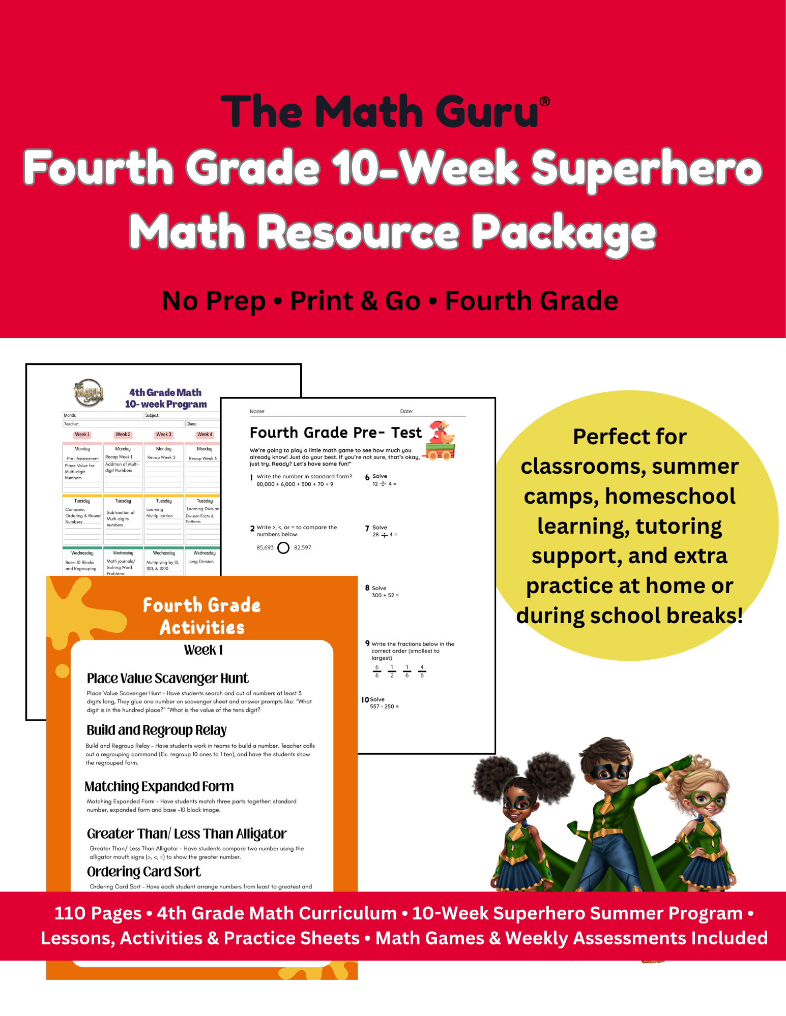 Fourth Grade 10-Week Superhero Math Resources Package
