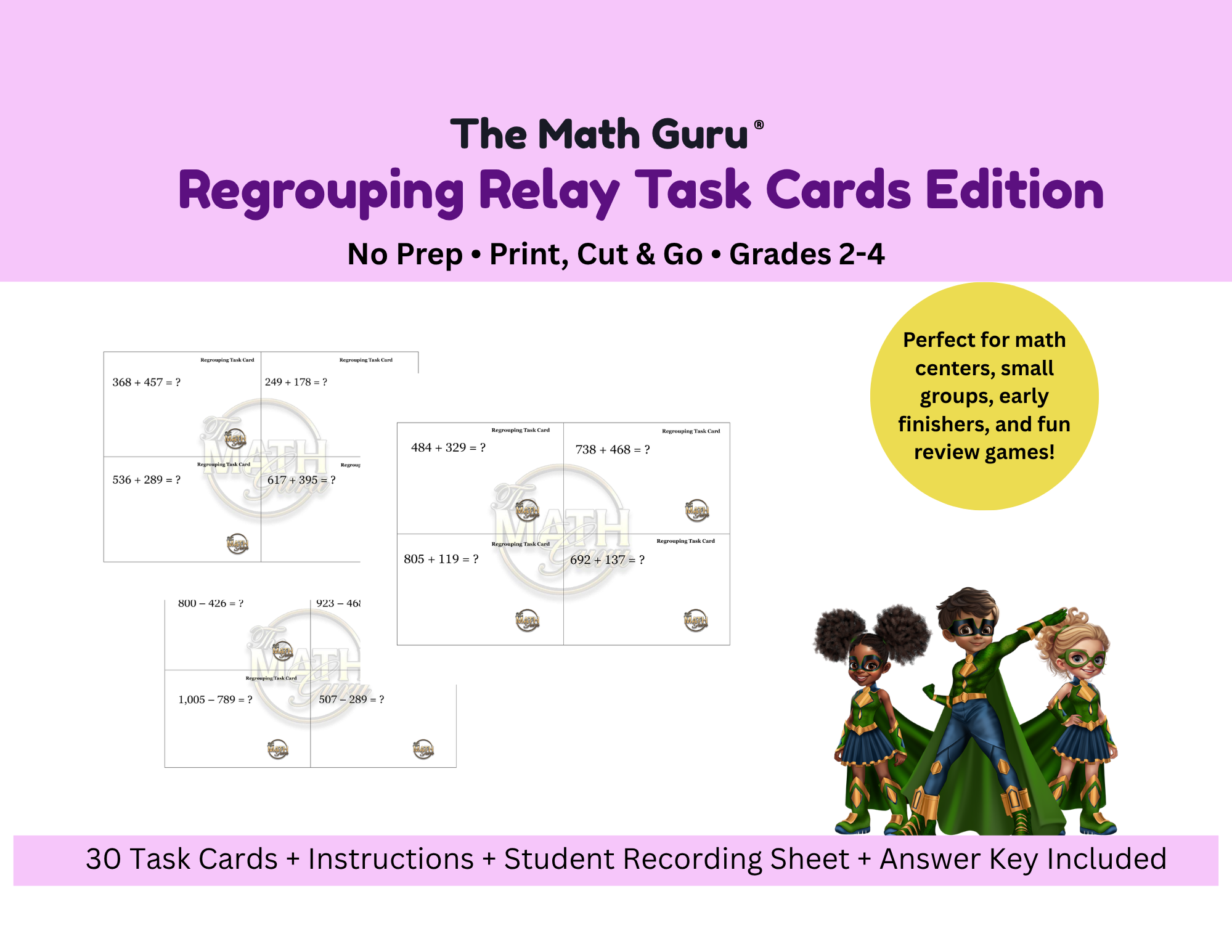 📝 Regrouping Relay Task Cards – Printable Math Activity for 2nd, 3rd, 4th Grade | Addition & Subtraction with Regrouping | Common Core Aligned