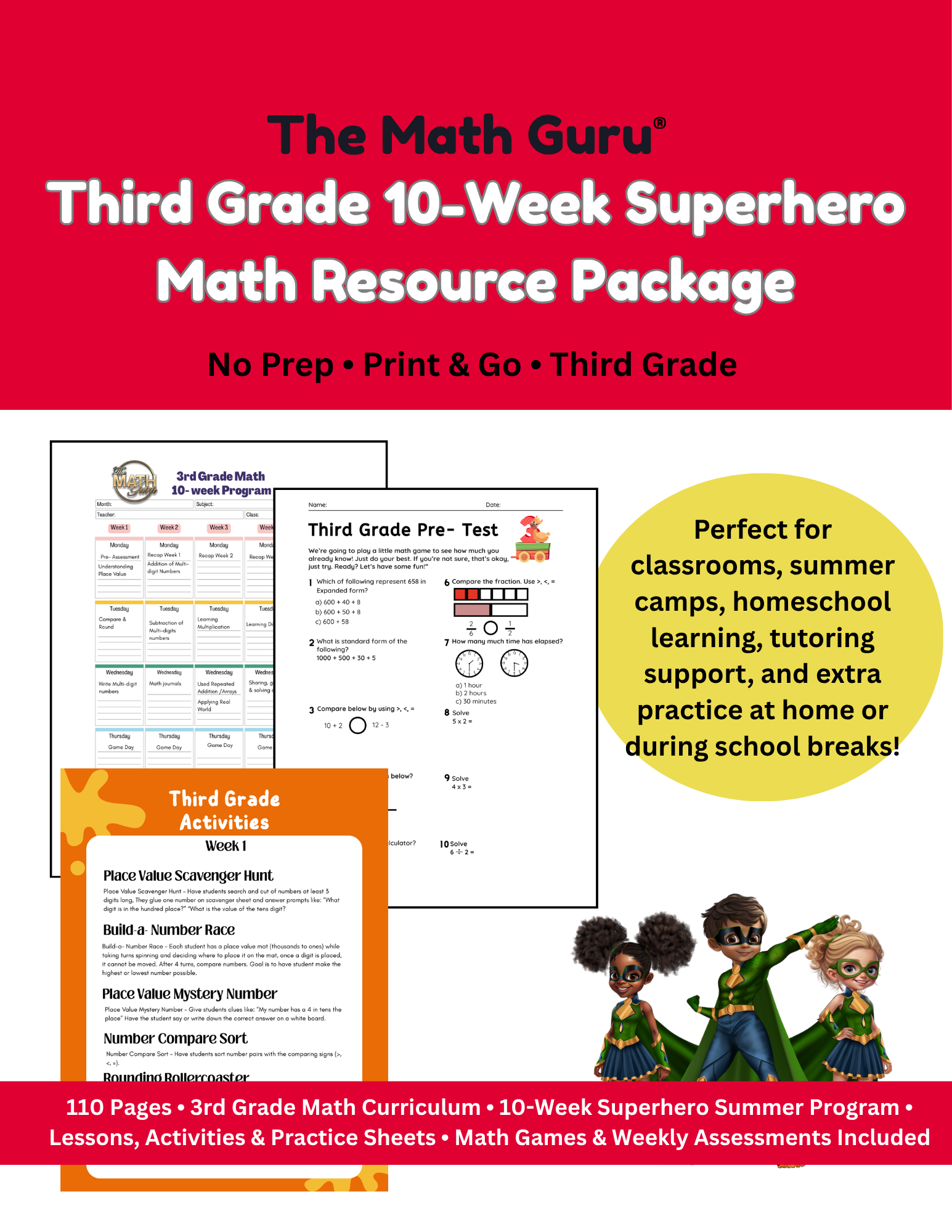 Third Grade 10-Week Superhero Math Resource Package