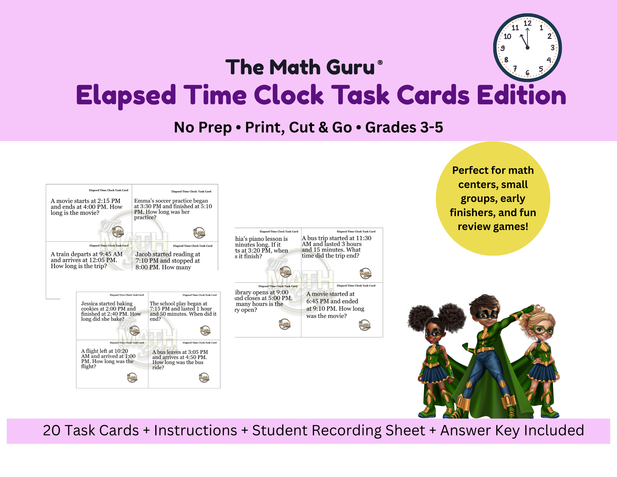 🕒 Elapsed Time Word Problem Task Cards – Printable Math Activity for 3rd, 4th, 5th Grade | Telling Time & Elapsed Time Practice | Common Core Aligned