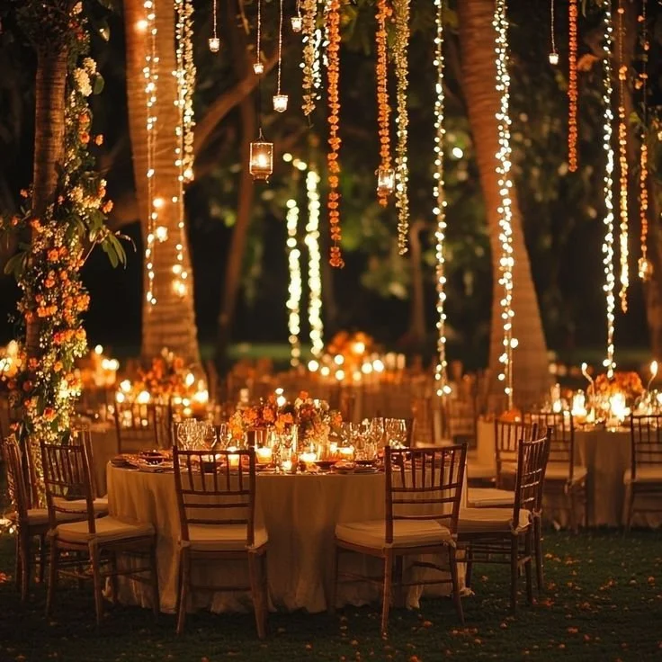 Buiten bruiloftdecoratie met ronde tafels, stoelen, bloemen en sfeerverlichting.