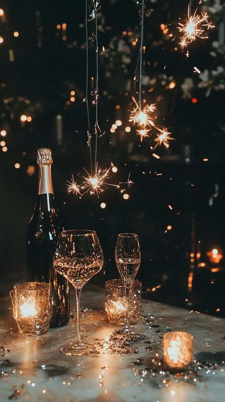 Glazen champagne en kaarslicht op een tafel, met vuurwerk in de lucht op de achtergrond, feestelijk decor voor een viering.
