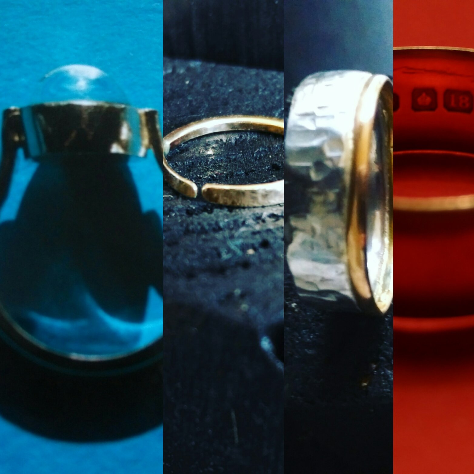 Close-up collage of four different rings on various backgrounds.
