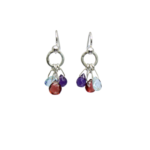 Silver hoop earrings with multi-colored gemstone dangles