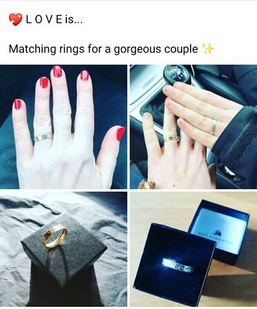Collage of hands wearing matching rings and two individual rings in boxes.