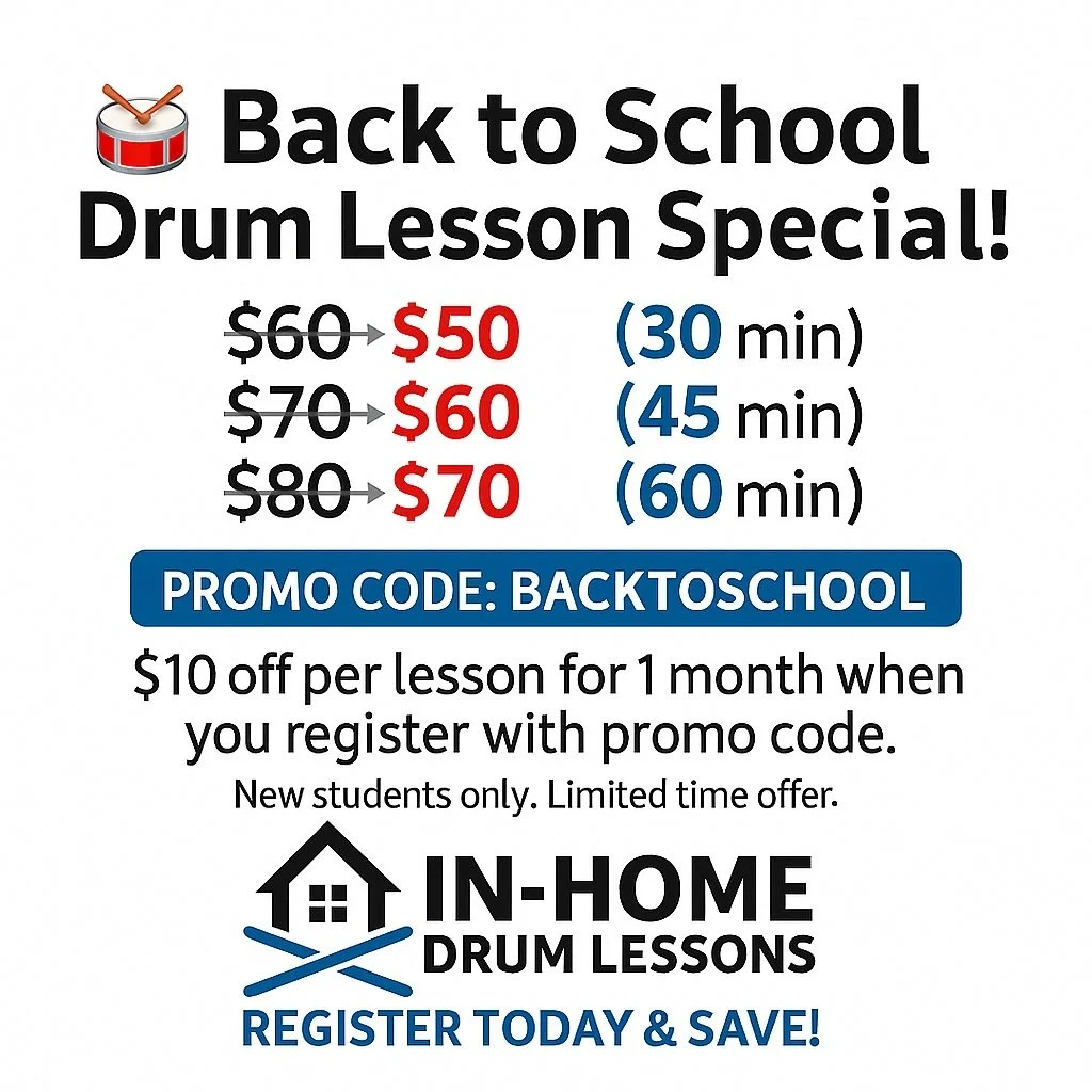 🎶 Back-to-School Special! 🥁
Save $10 off every lesson for 1 month when you register with promo code BACKTOSCHOOL.
✅ 30 min → $50
✅ 45 min → $60
✅ 60 min → $70
🔥 No registration fees
🔥 No contracts — month-to-month only
🔥