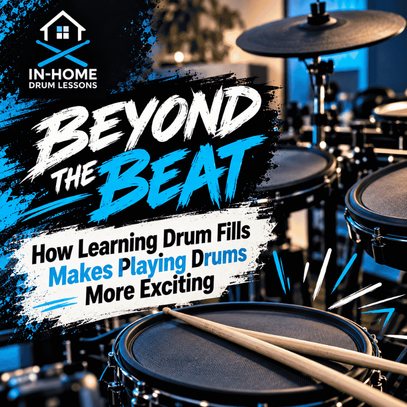 Full acoustic drum set featuring snare drum, toms, bass drum and cymbals for learning creative drum fills during South Bay in-home drum lessons.