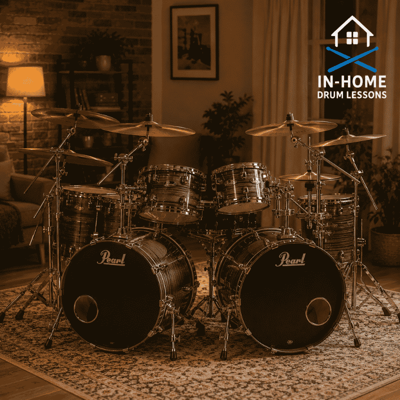 Student practicing on an electronic drum set during an in home drum lesson in a warm home music space.