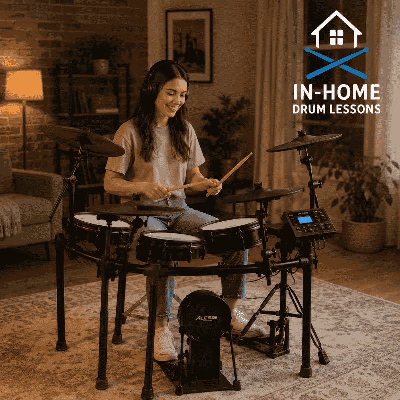 Beginner drum student taking an in home drum lesson on a full drum set in a warm home practice space.