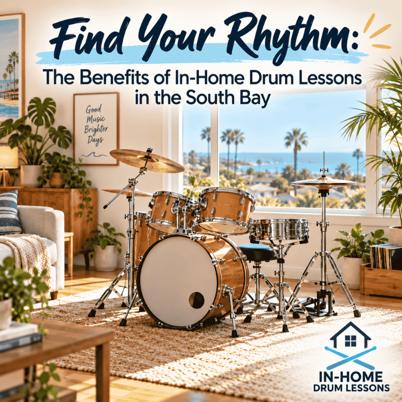 Private drum instructor teaching a student on an acoustic drum set during an in-home drum lesson in the South Bay, Los Angeles.