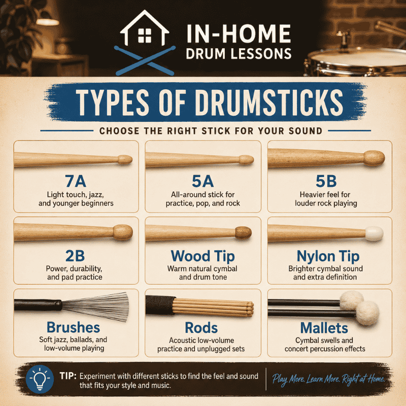Drum student building confidence during an in home drum lesson on a full drum set.