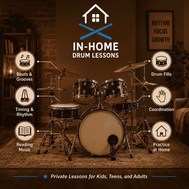 Student taking an in home drum lesson on a full drum set in a warm home music space.