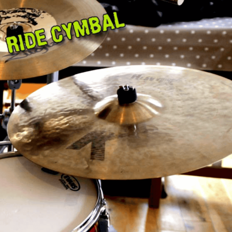 Ride cymbal positioned on the right side of a 5-piece drum kit