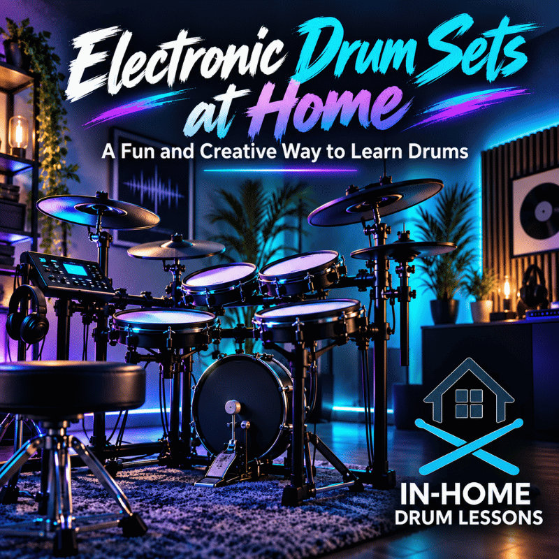 Full electronic drum set with mesh drum pads, cymbals, and digital drum module in a home music room, illustrating in-home drum lessons in the South Bay.
