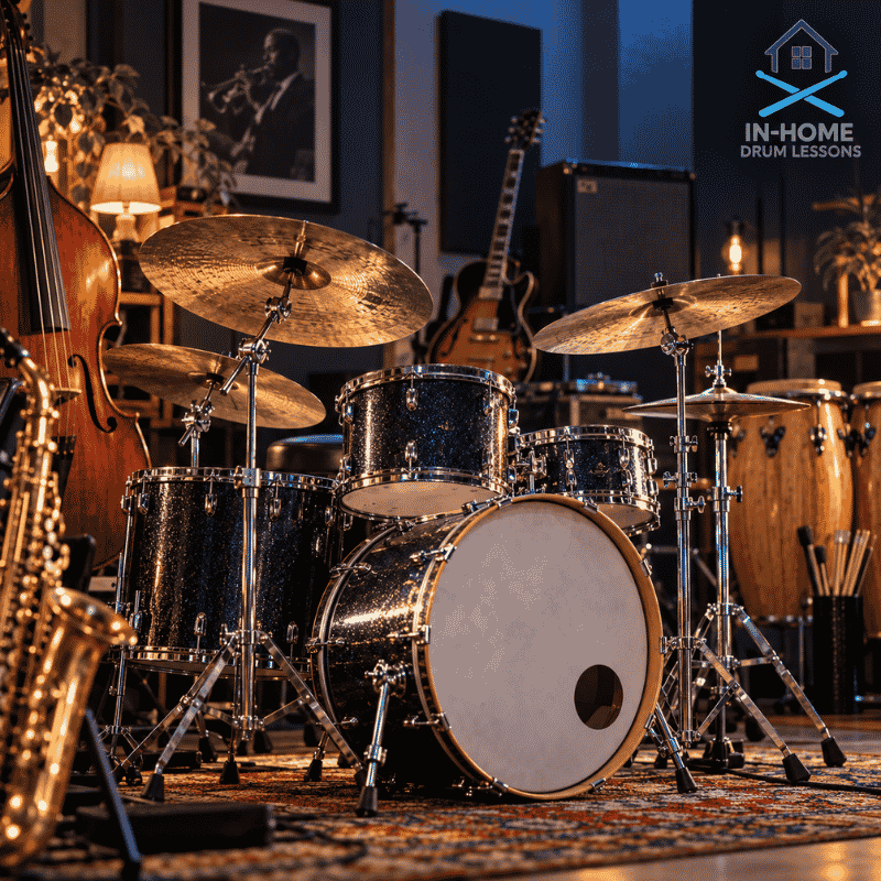 Full electronic drum set with mesh drum pads, cymbals, and digital drum module in a home music room, illustrating in-home drum lessons in the South Bay.