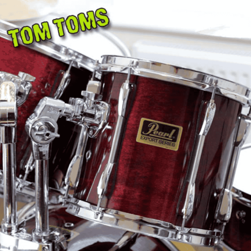 Mounted toms and floor tom shown on a full drum set