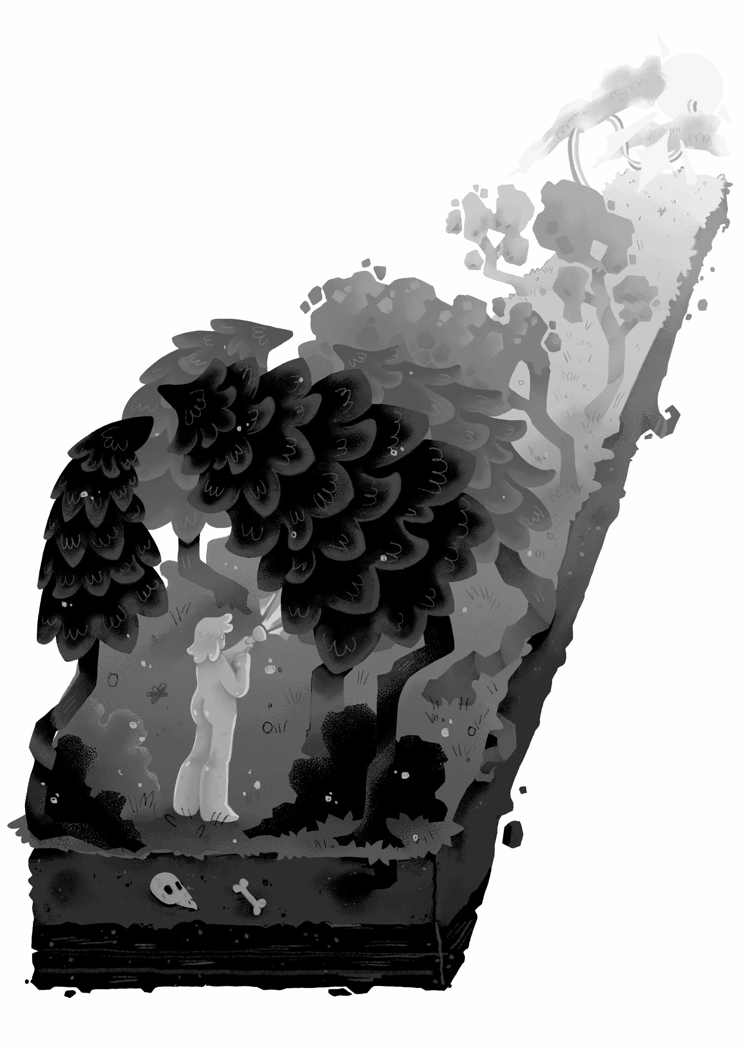 Final value illustration. I map colors onto this later, and use it as a guide to finish the final color illustration. 