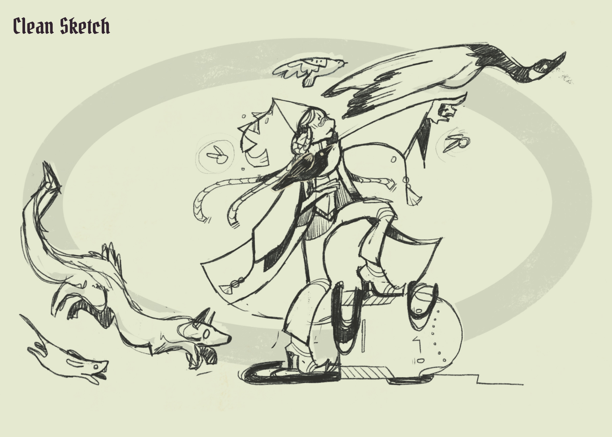 Tight sketch with exaggerated shapes
