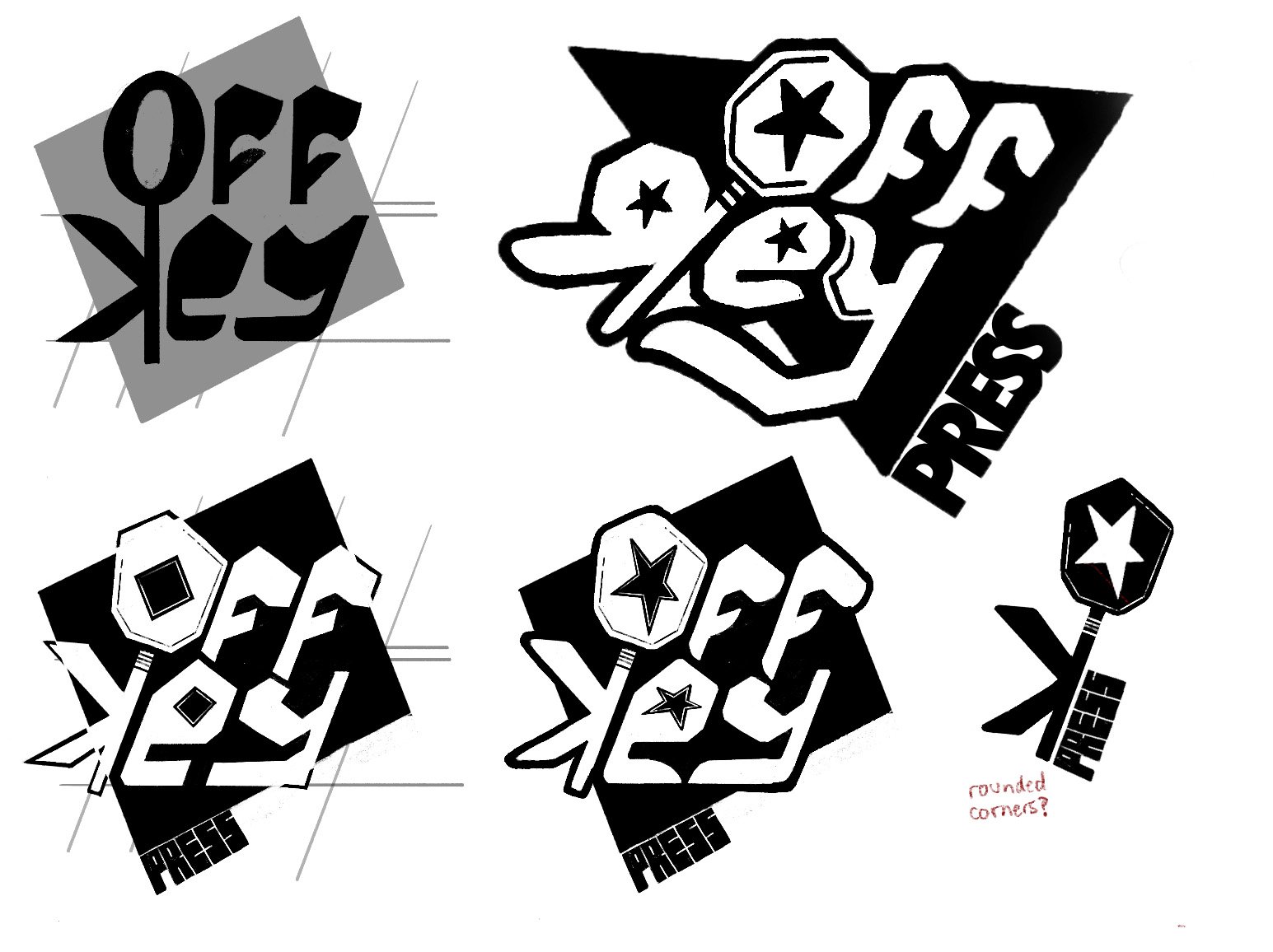 Logo ideation. I knew I wanted geometric shapes, hand lettering, and graphic lines. I needed something that would work with a lot of different illustration styles and stand out. I also liked that when shortened, it looks like a key and says "OK Press