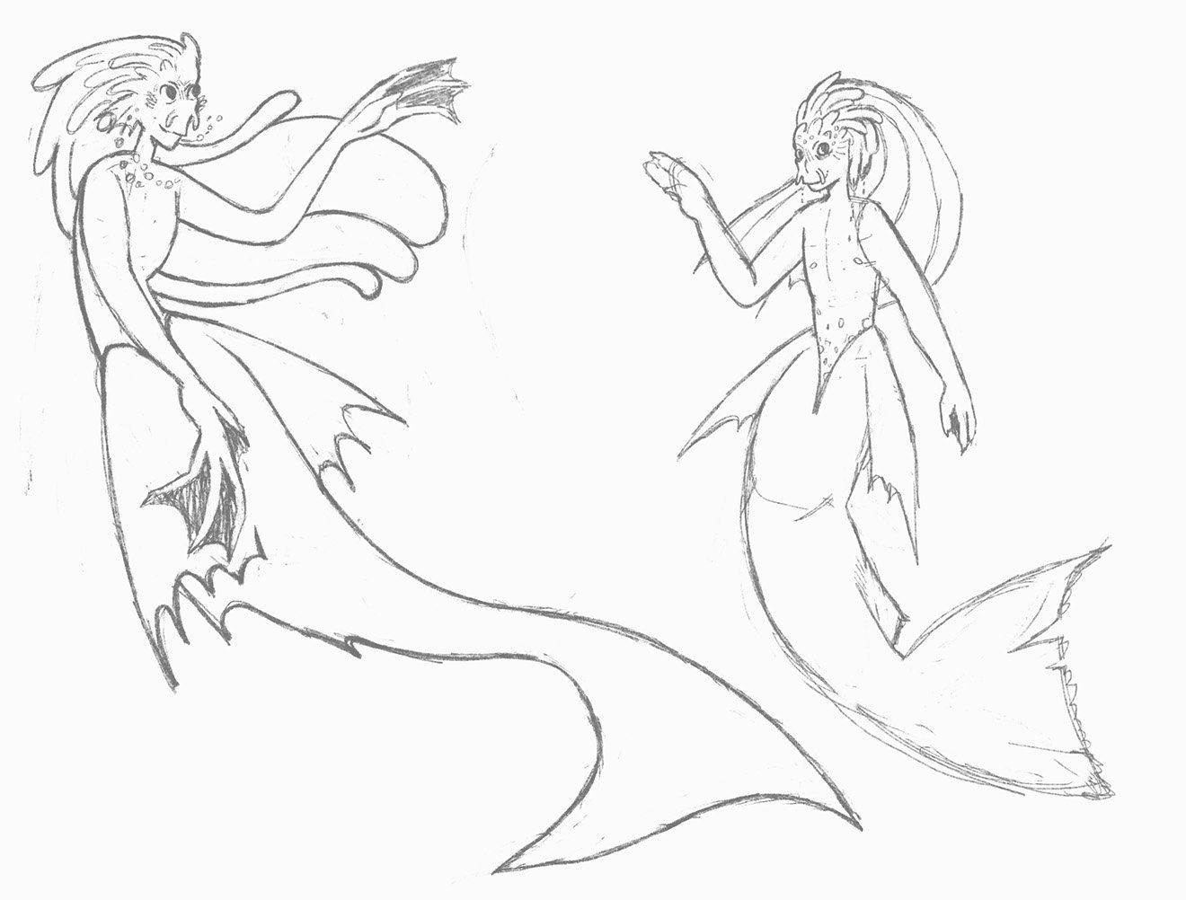 Round one of sketches for Caspian. Unlike Ellis, I had more trouble landing on a design for Caspian. I wanted to riff on a traditional merman design, adding more fish elements. I ended up lengthening limbs for swimming, and adding more fluidity in mo