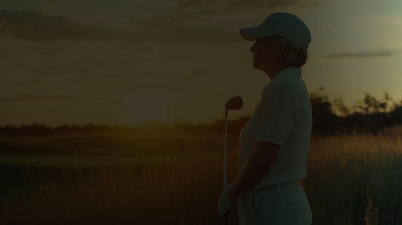 Silhouette of a woman holding a golf club at sunset on a beautiful golf course. Happy to have the freedom to enjoy playing a round!