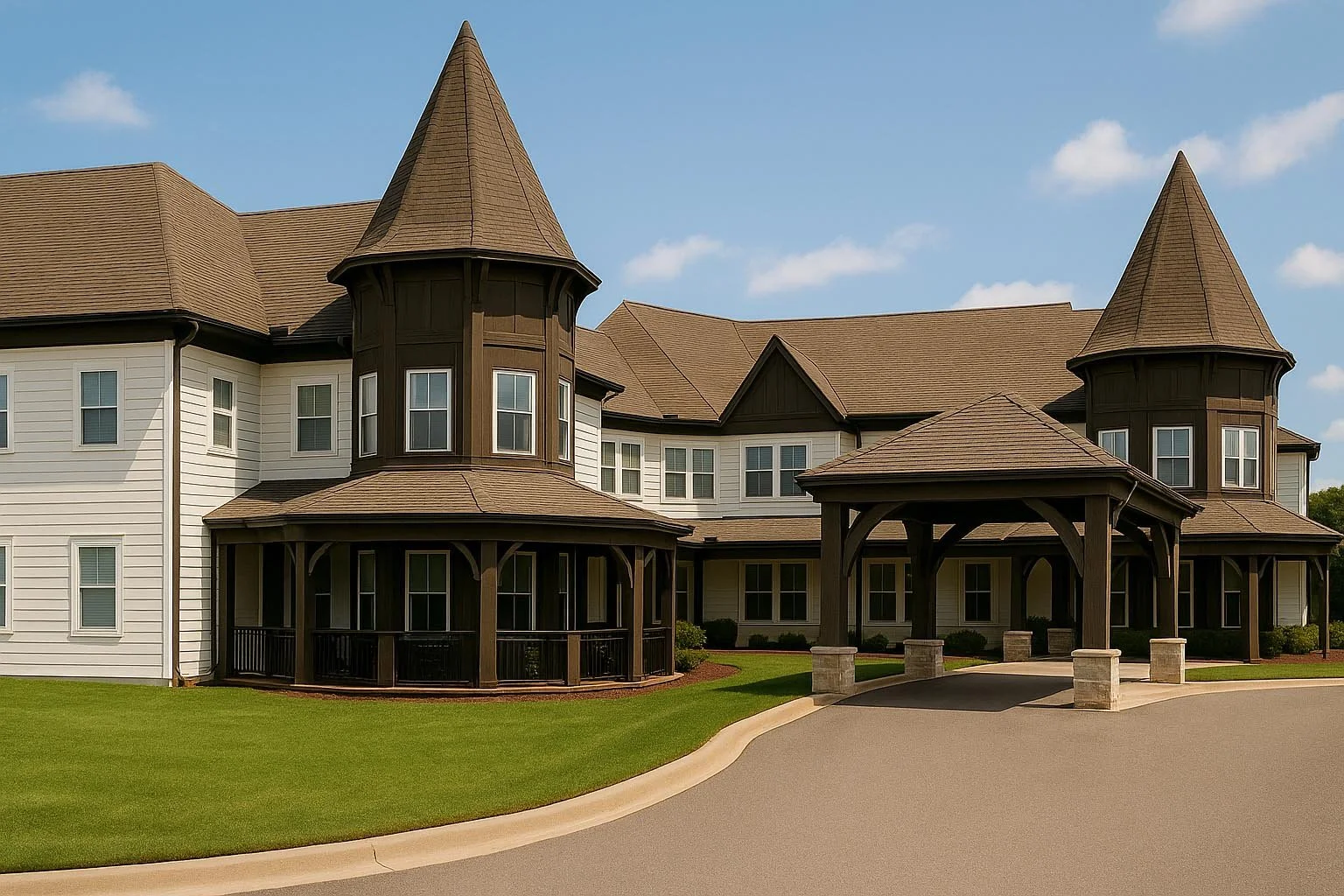 Realistic rending of The Hammocks at East Cobb apartment building, with white siding, brown shingle roof, and turret-style towers, surrounded by green lawn and a paved driveway, under a blue sky with clouds.