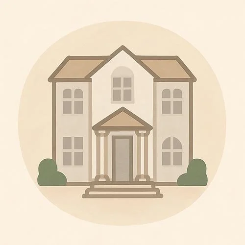 Icon Illustration of a large, two-story apartment building with a front porch and steps, surrounded by bushes.