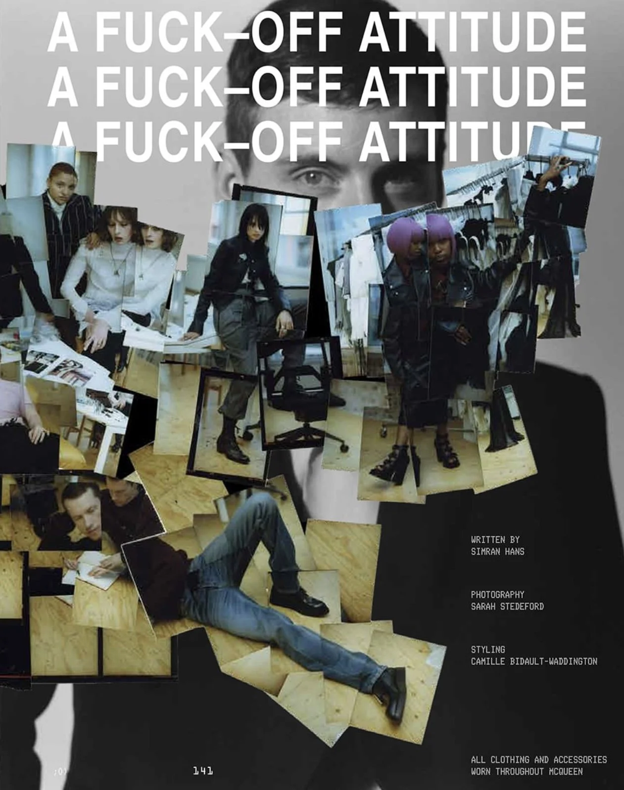 Cover of a book titled 'A F*CK-OFF ATTITUDE' with a collage of fashion photographs of models in various outfits and poses, and text listing the writer, photographer, stylist, and description of clothing and accessories.