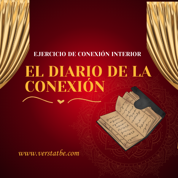 Fondo rojo con cortinas doradas a los lados, texto en español y un libro abierto con una mano sosteniéndolo, que parece una grabadora antigua. Ejercicio de autoconocimiento para mujeres en menopausia