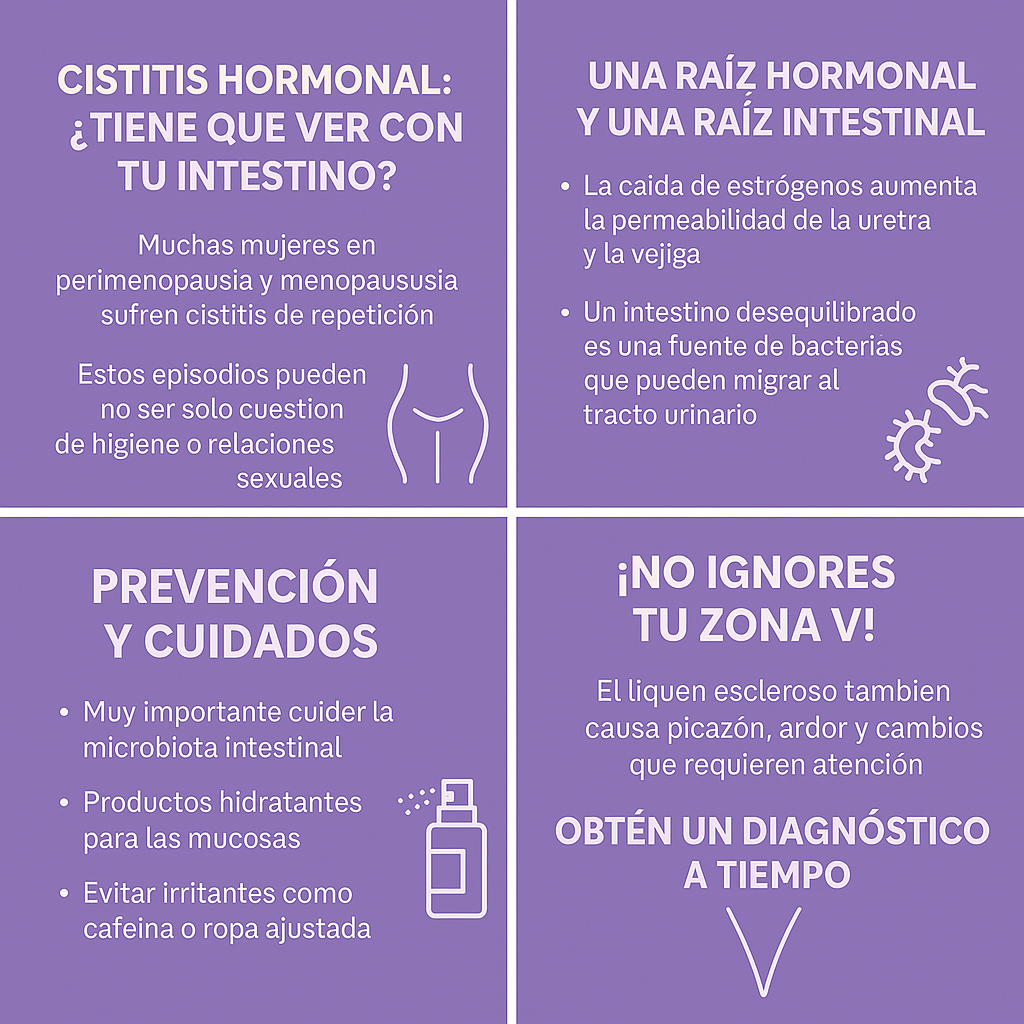 Cistitis hormonal en menopausia: conexión con salud intestinal y prevención del liquen escleroso en la zona íntima femenina