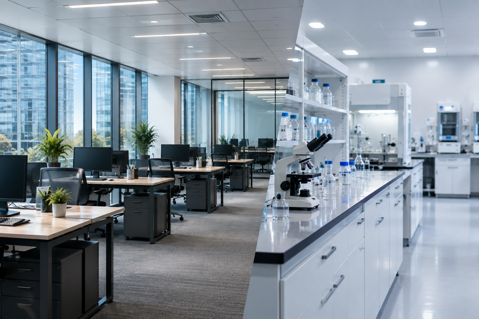 Split image showing an empty modern office space with desks, computers, and plants on the left, and a clean laboratory with scientific equipment and glass bottles on the right.