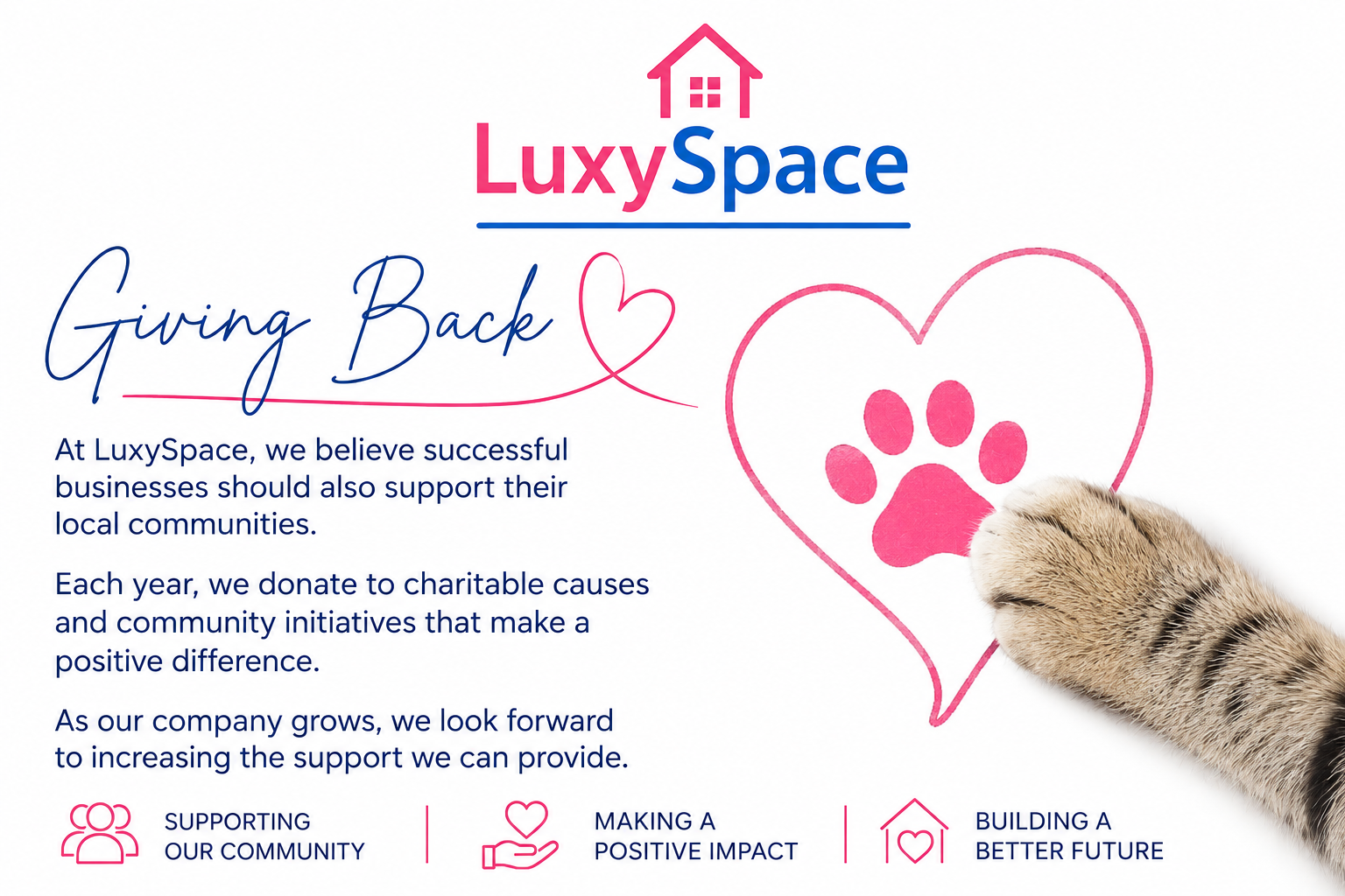A graphic shows a pink paw print inside a pink outline of a heart, with a kitten's paw pawing at the heart. The logo 'LuxySpace' is at the top, with 'Luxy' in pink and 'Space' in blue. Below, text reads 'Giving Back' in blue and pink script, followed by a paragraph about supporting communities and charities. Icons at the bottom represent supporting communities, making a positive impact, and building a better future.