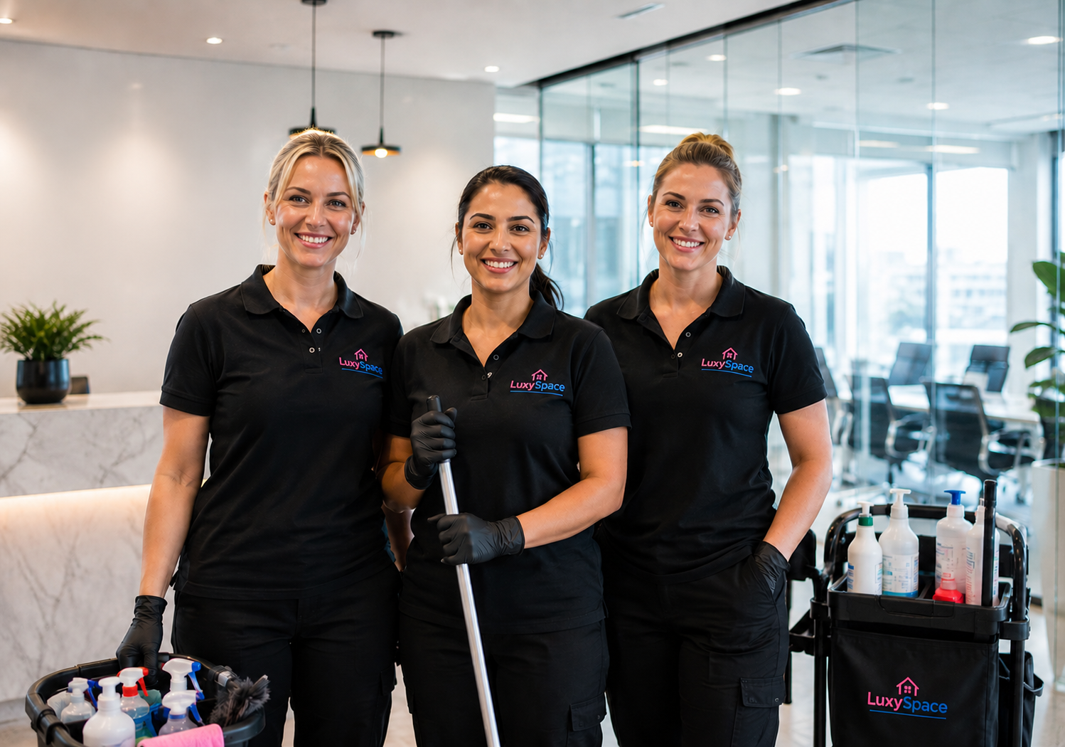 Three women in black uniforms with LuxySpace logo smiling inside modern office space, holding cleaning tools and spray bottles, with a cleaning cart to their side.