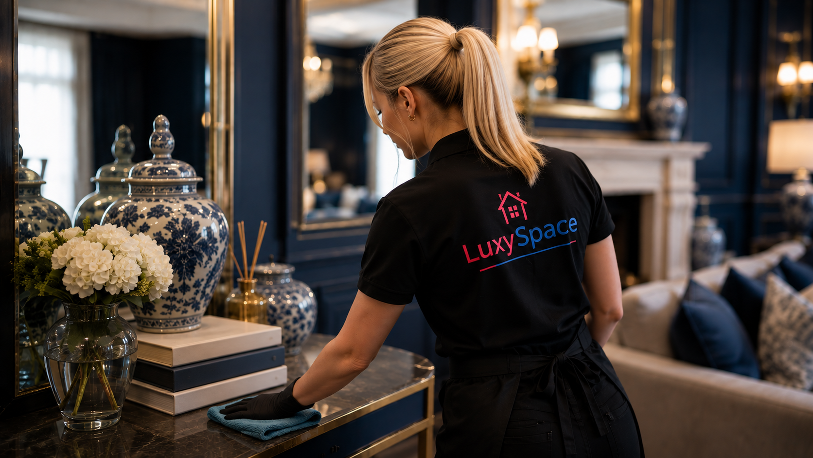 A woman wearing a black shirt with 'LuxySpace' logo cleaning a decorative table in a luxurious room with blue walls, ornate vases, a large mirror, and floral arrangements.
