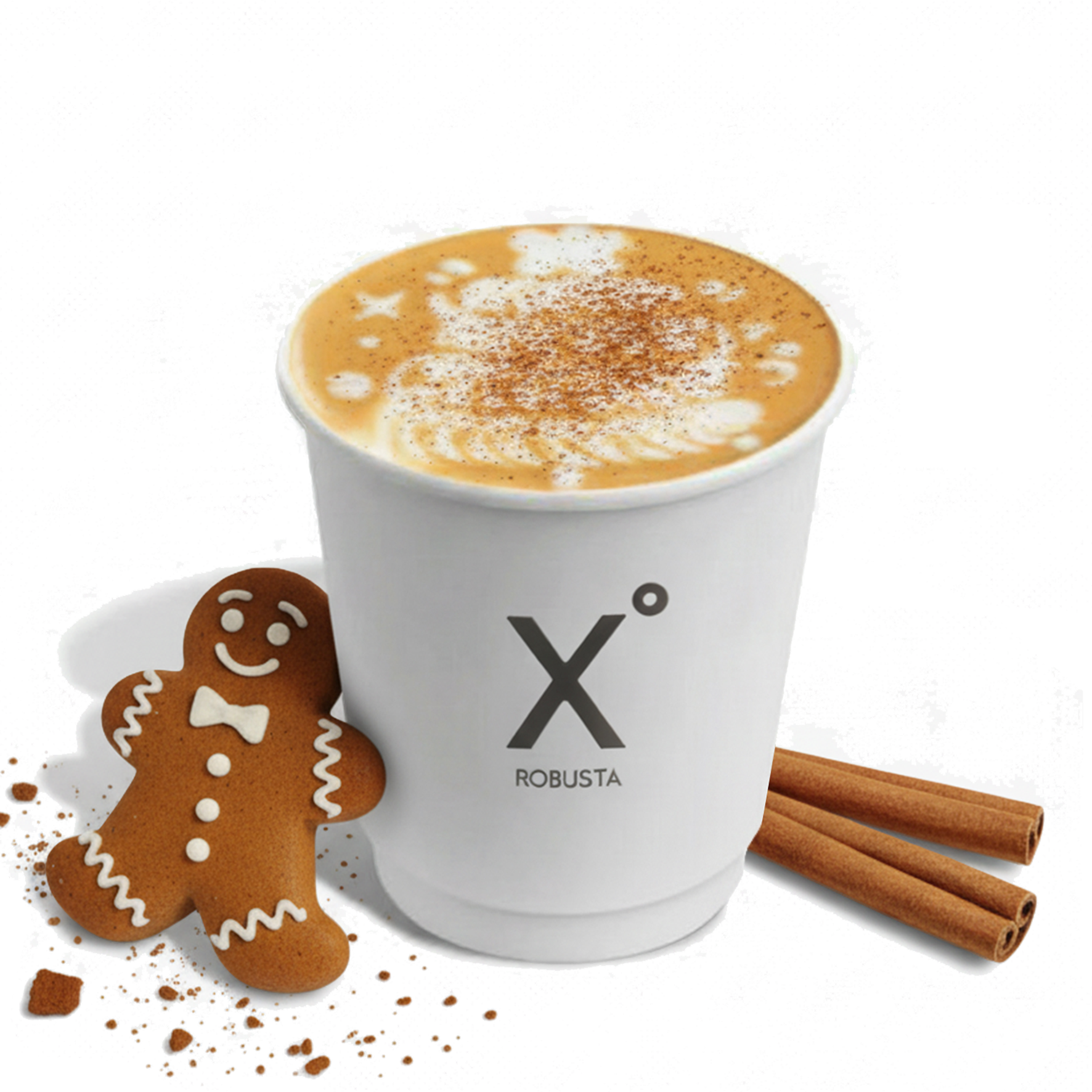 Gingerbread Latte by X° Robusta with a gingerbread cookie and cinnamon sticks.